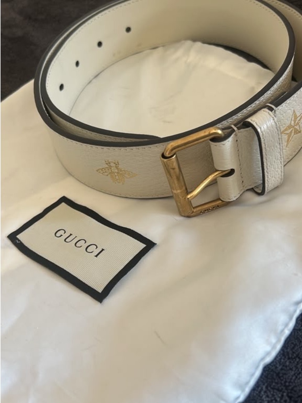 Gucci Cream Leather Belt with Gold Bee & Star Embossing